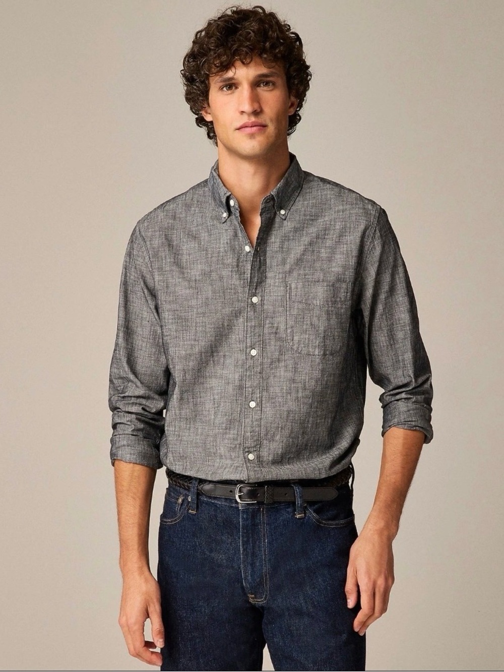 J Crew Shirt Mens Large Gray Workwear Chambray Chin Strap Button Up Long Sleeve